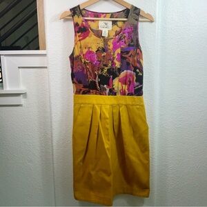 Tabitha Anthropologie Abstract Floral Midi Dress with Yellow Skirt